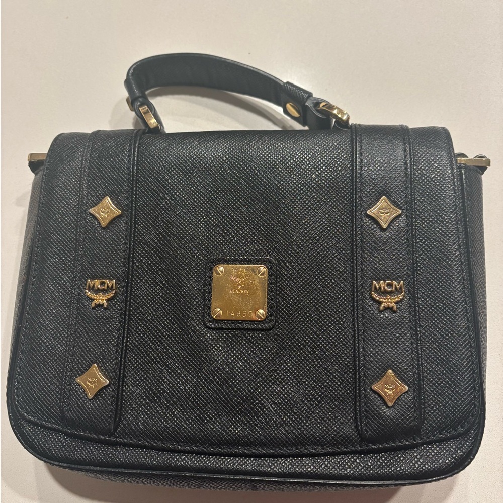 MCM Small Black Textured Leather Top-Handle Satchel with Gold Accents Crossbody